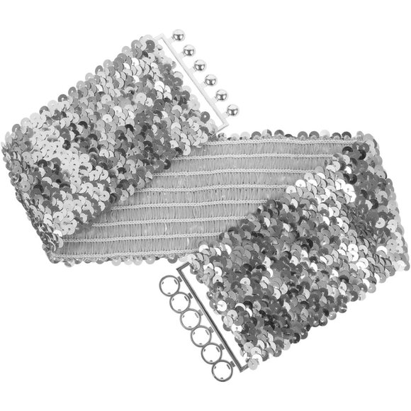 Women's Silver Sequin Belt for 70s 80s Party Costume Wide Waist Elastic Belt - Picture 7 of 9